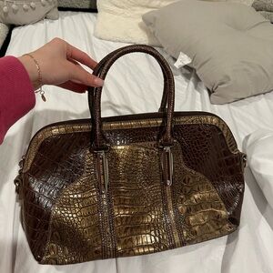 Luxurious Brown and Gold Crocodile-Embossed Satchel